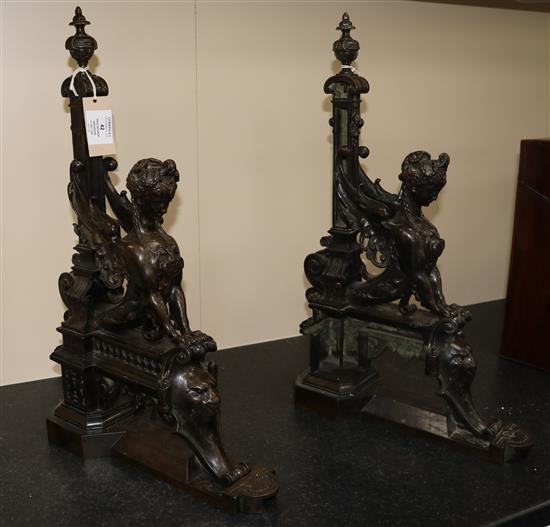A pair of 18th century bronze andirons, H.22in.